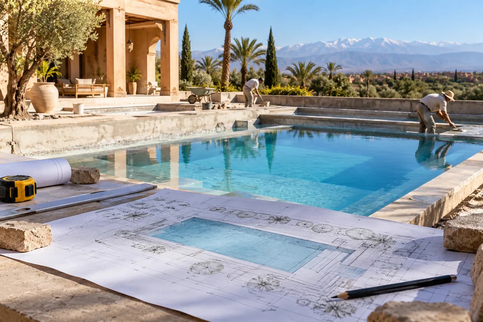 Construire une piscine au Maroc : Les points à cadrer: usage, terrain, structure, hydraulique, filtration, sécurité et entretien futur.