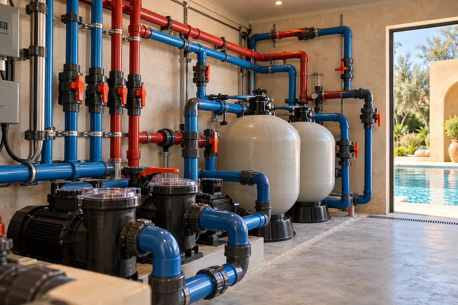 Local technique : Pompes, filtration, regulation et coffrets.