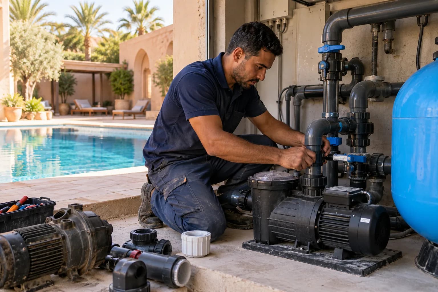 Local technique : Moderniser pompe, filtration, vannes, coffrets et regulation.