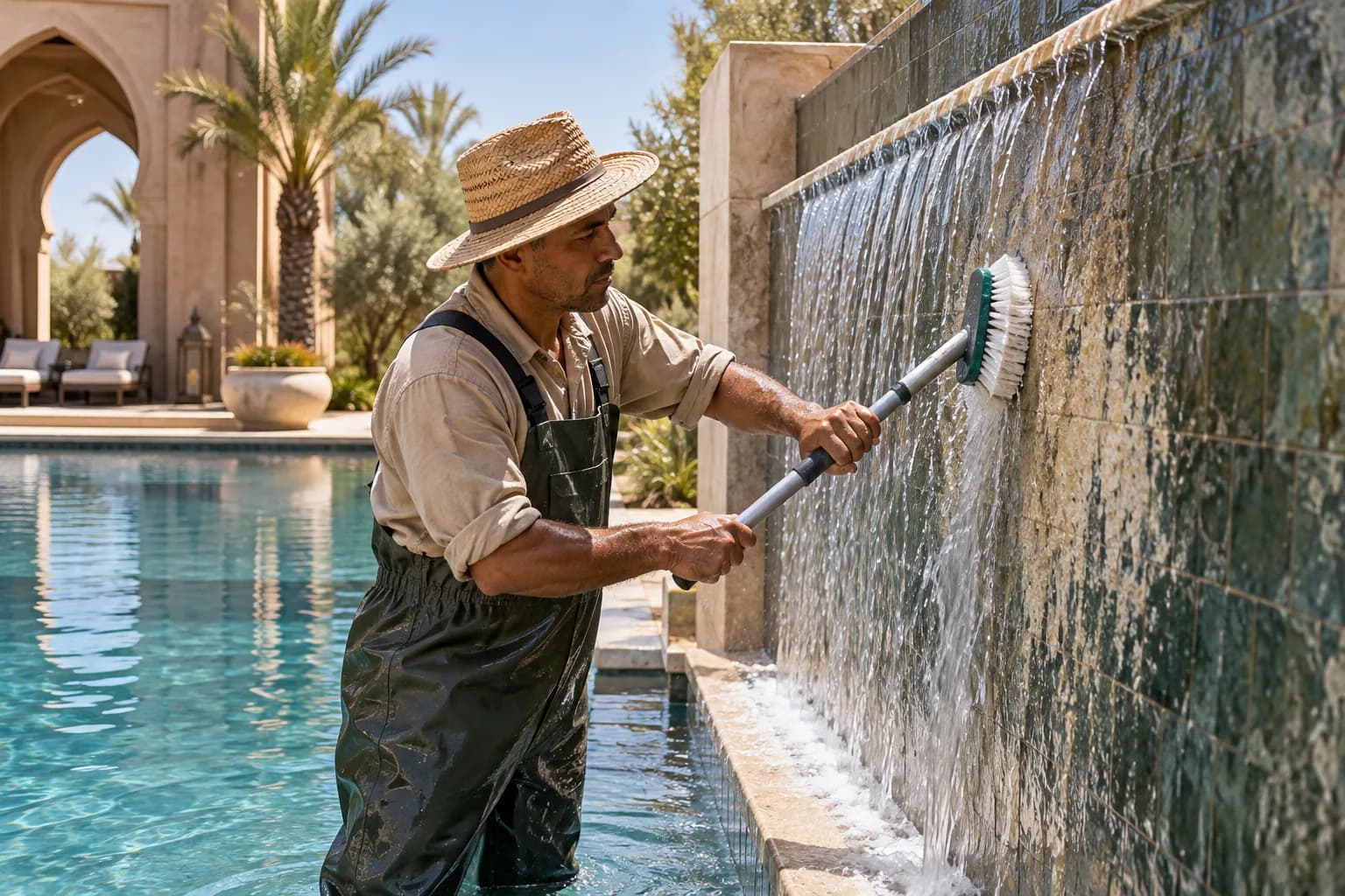 Entretien : Nettoyage, controle de l'eau, verification des elements techniques.
