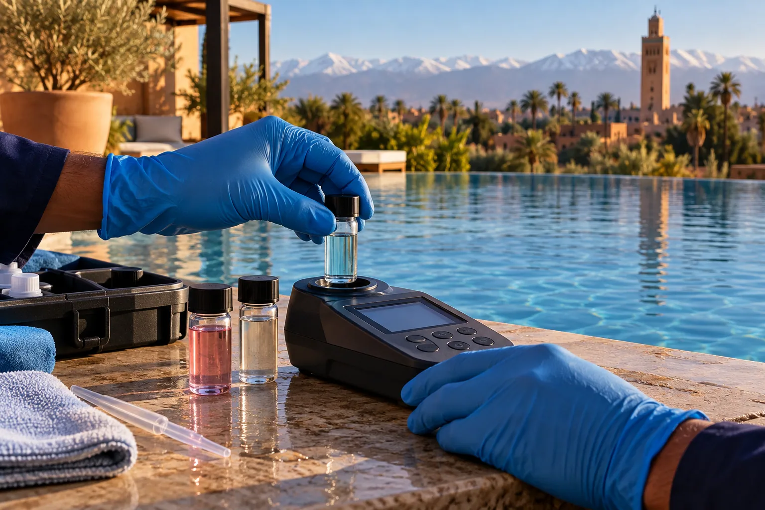 Controle de l'eau : Suivi pH, equilibre de l'eau et recommandations de traitement adaptees.