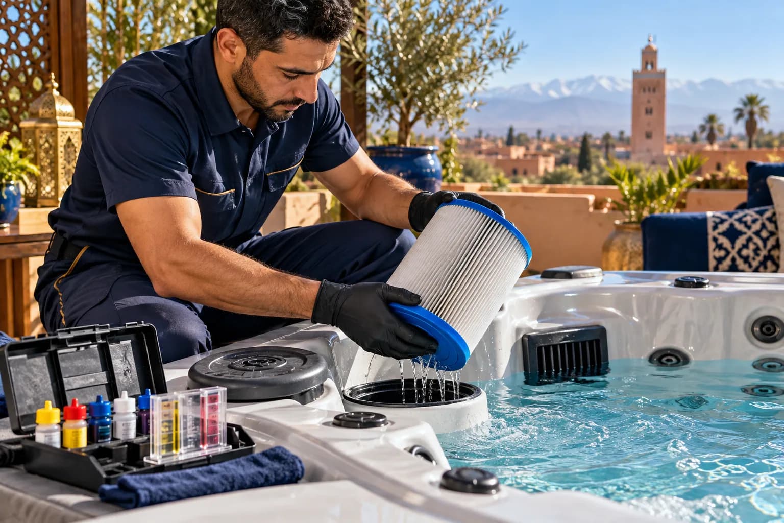 Maintenance : Suivi technique, nettoyage, traitement de l'eau et assistance.