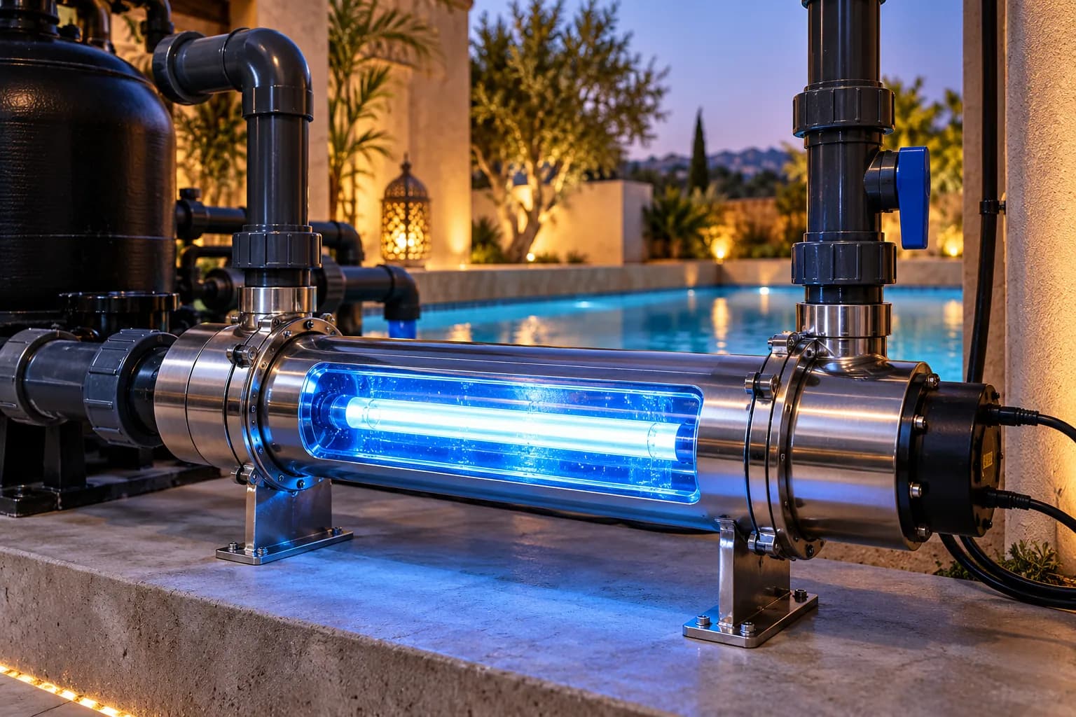 Traitement UV : Solution technique pouvant reduire certains besoins de desinfection selon configuration.