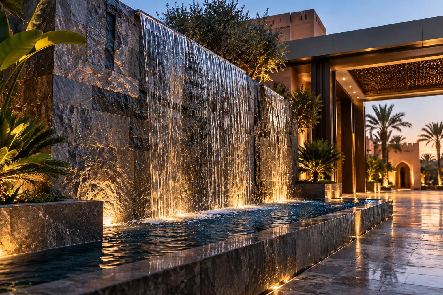 Integration architecturale : Proportions, materiaux, circulation de l'eau et ambiance lumineuse.