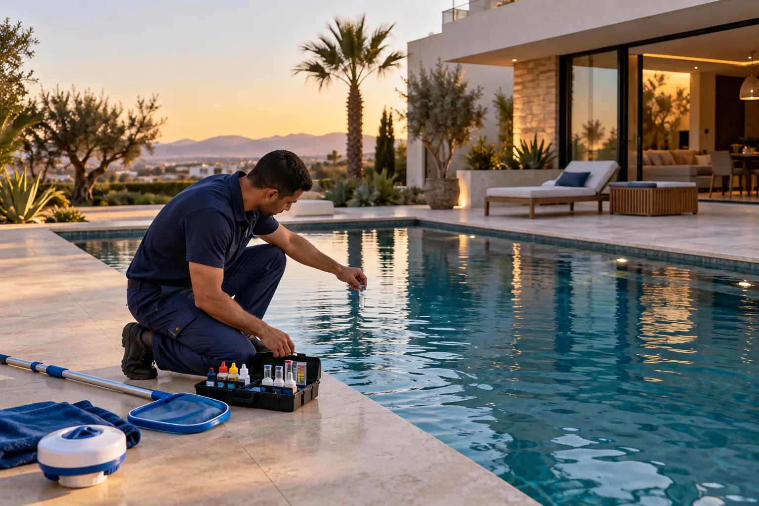 Technicien réalisant l'entretien d'une piscine au Maroc