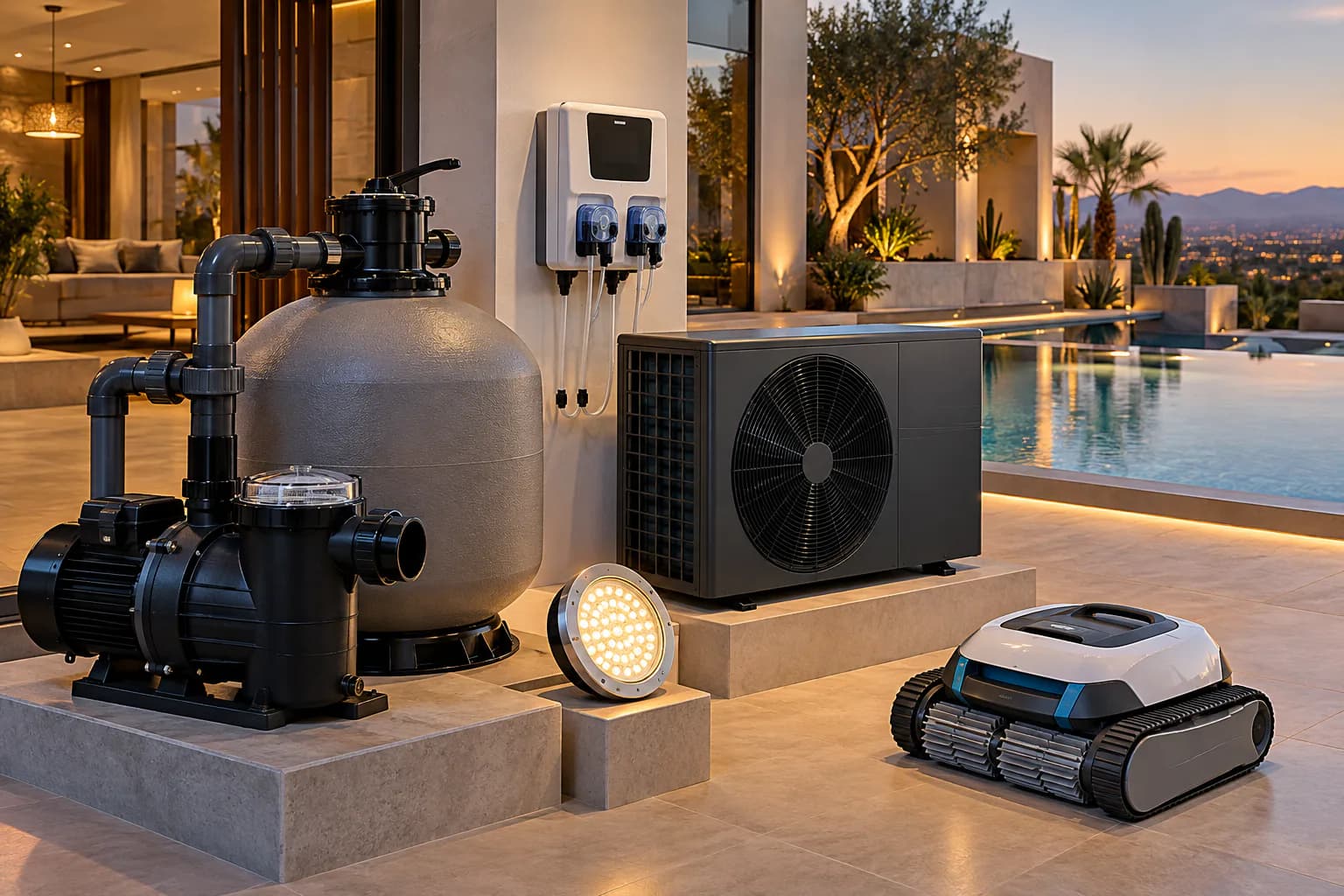 Materiel & equipements : Pompes, filtres, skimmers, robots, chauffage, regulation et accessoires.
