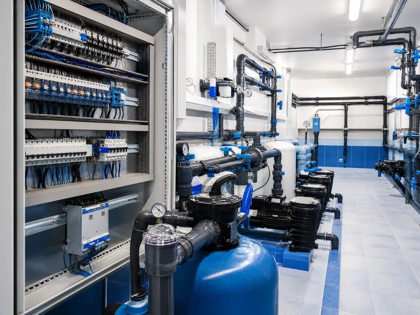 Electricite & plomberie : Locaux techniques, tableaux, pompes, filtration, vannes et raccordements.