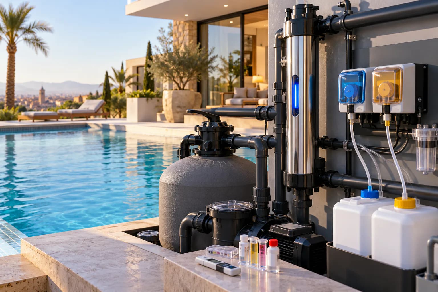 Traitement de l'eau : Analyse, equilibre, UV, oxygene actif et regulation automatique.